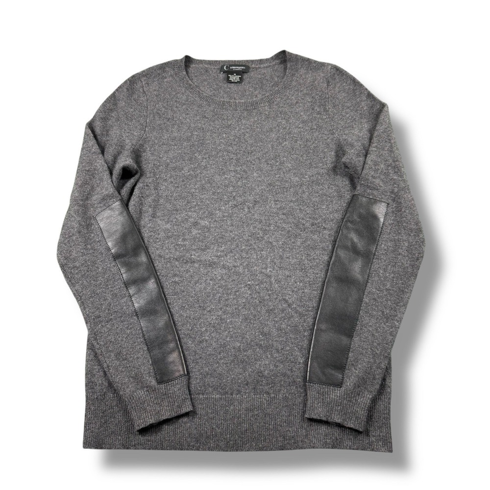 C By Bloomingdale's 100% 2-Ply Gray/Black Cashmere Leather Crew Neck Sweater XS